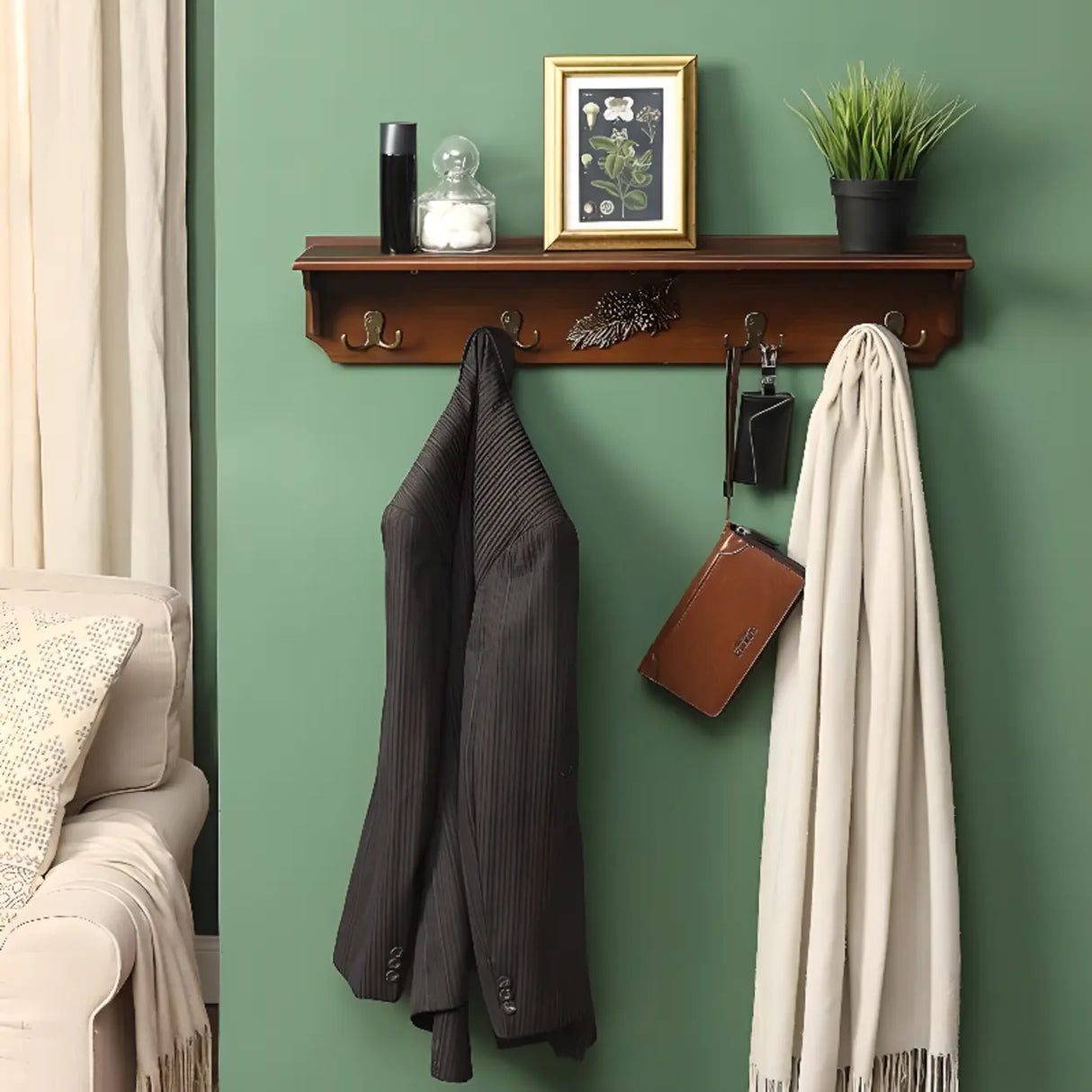 Rectangular Wood Brown Wall-Mounted Shelf Coat Rack Image - 1