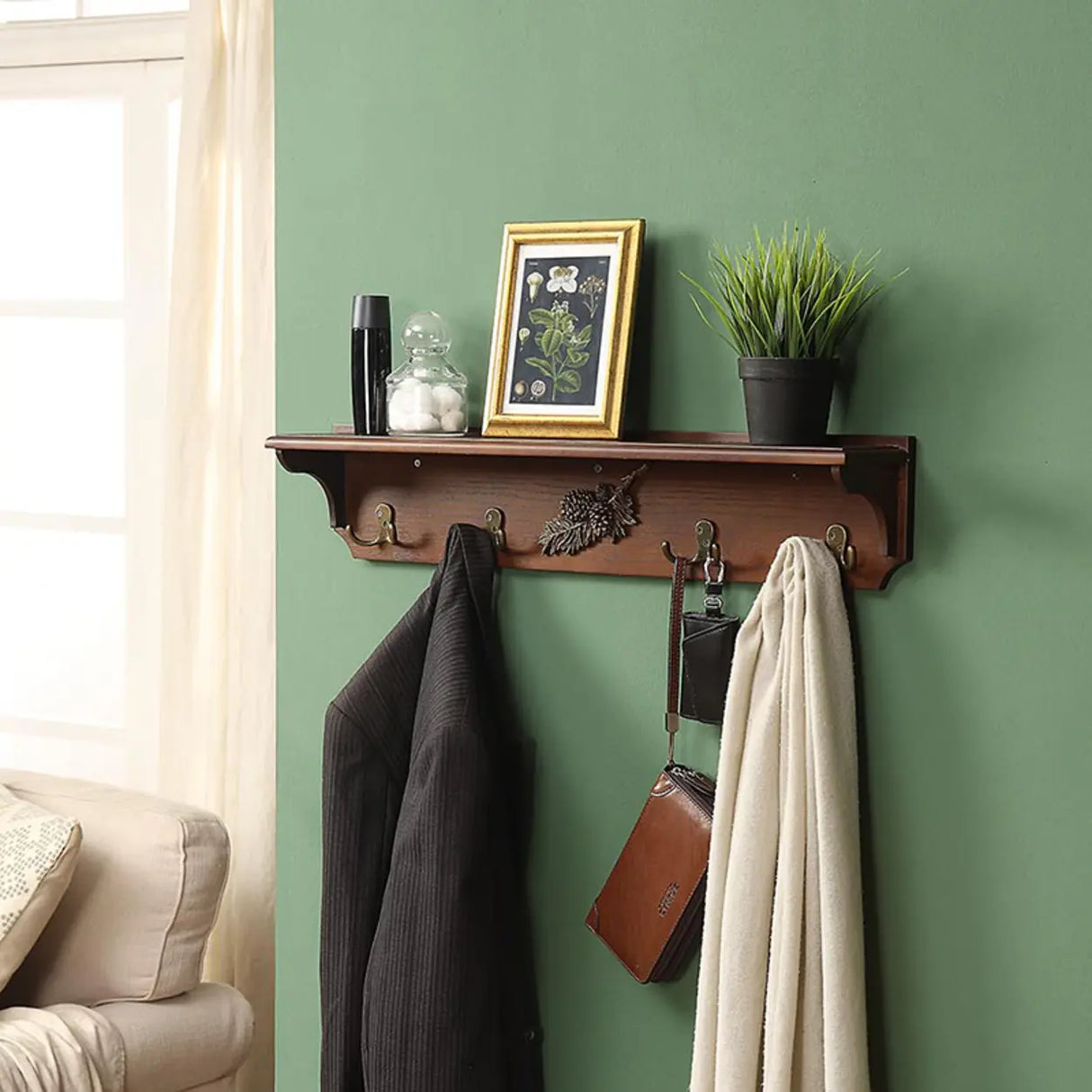 Rectangular Wood Brown Wall-Mounted Shelf Coat Rack Image - 2
