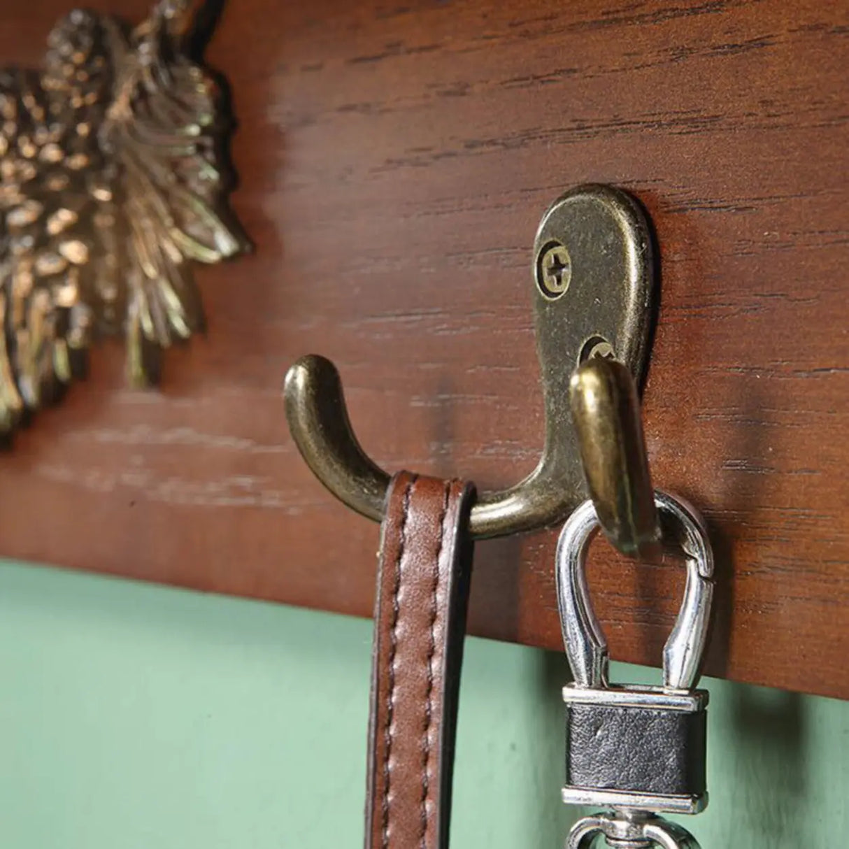 Rectangular Wood Brown Wall-Mounted Shelf Coat Rack Image - 3