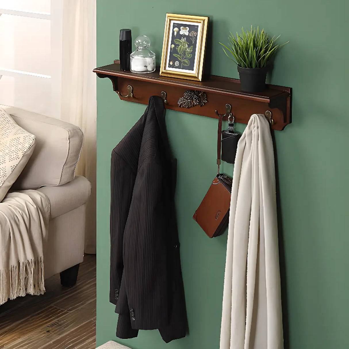 Rectangular Wood Brown Wall-Mounted Shelf Coat Rack Image - 4