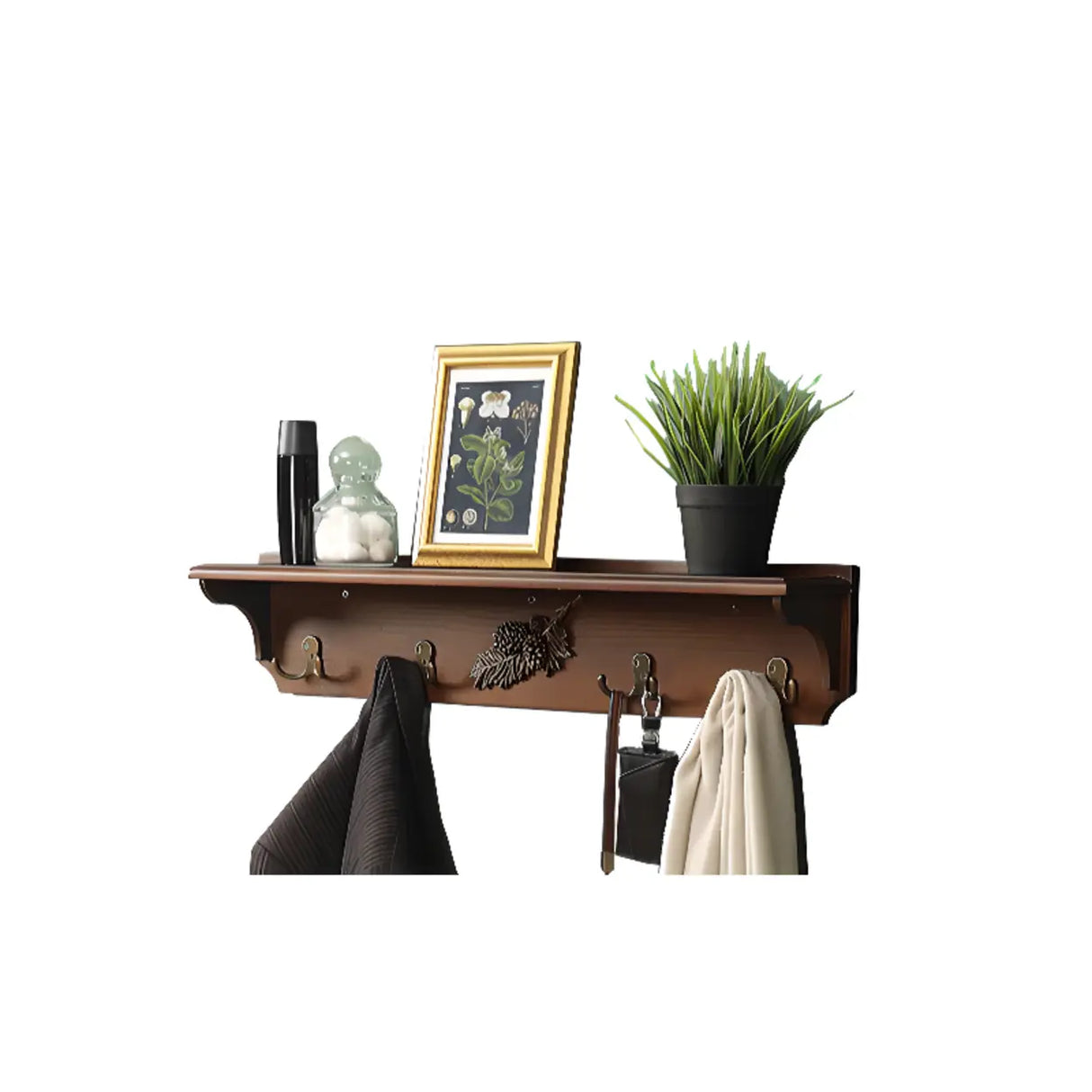 Rectangular Wood Brown Wall-Mounted Shelf Coat Rack Image - 5