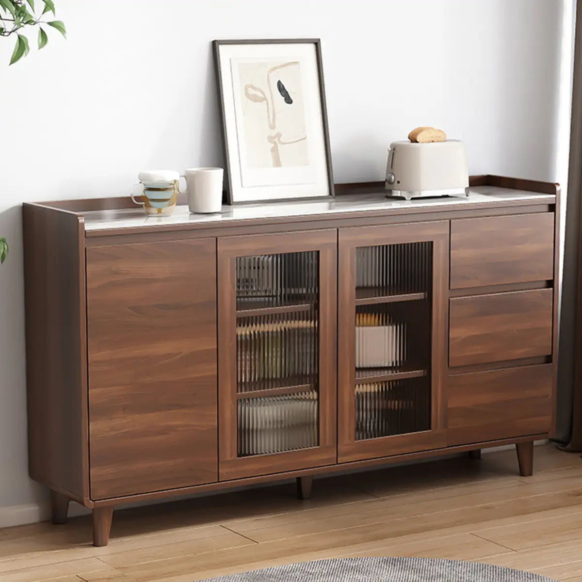 Rectangular Wood Kitchen Storage China Cabinet Nut-Brown Image - 6