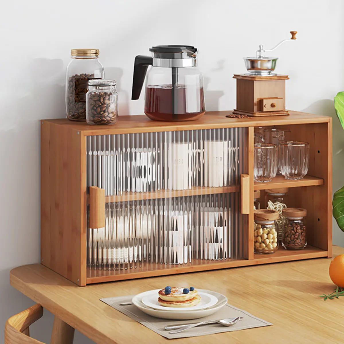 Rectangular Wood Ribbed Glass Kitchen China Cabinet Image - 15