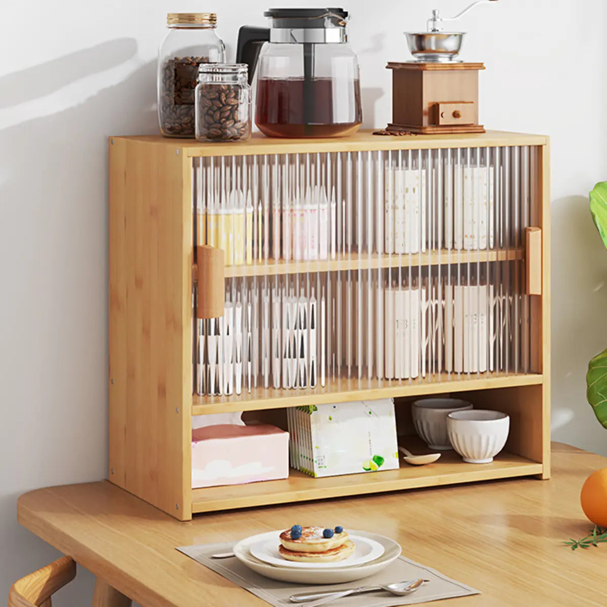 Rectangular Wood Ribbed Glass Kitchen China Cabinet Image - 5