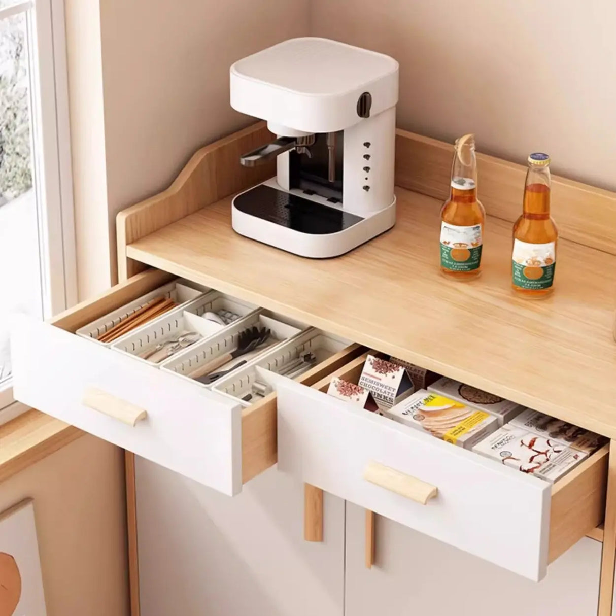 Rectangular Wood White Medium Storage Kitchen Sideboard Image - 12