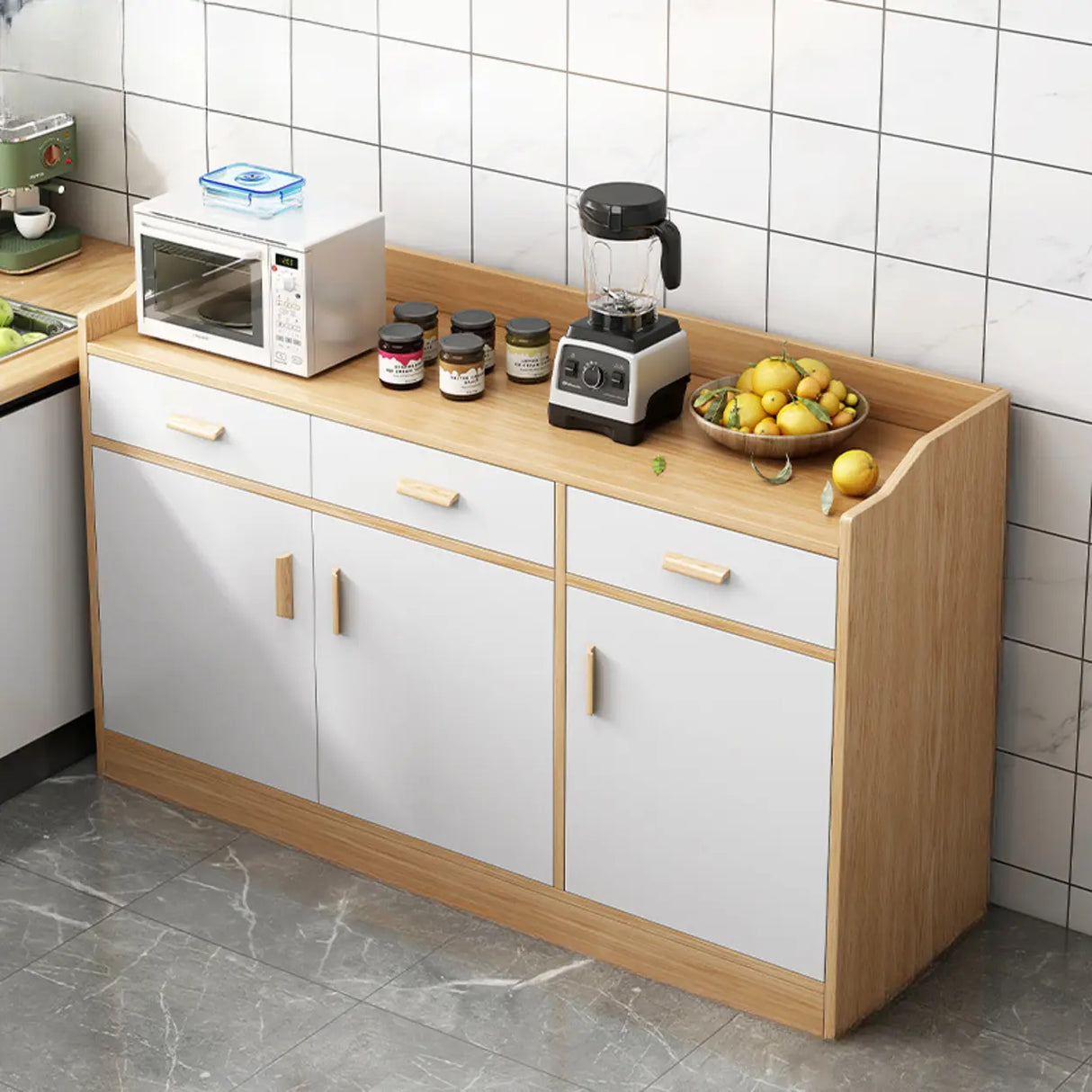 Rectangular Wood White Medium Storage Kitchen Sideboard Image - 21