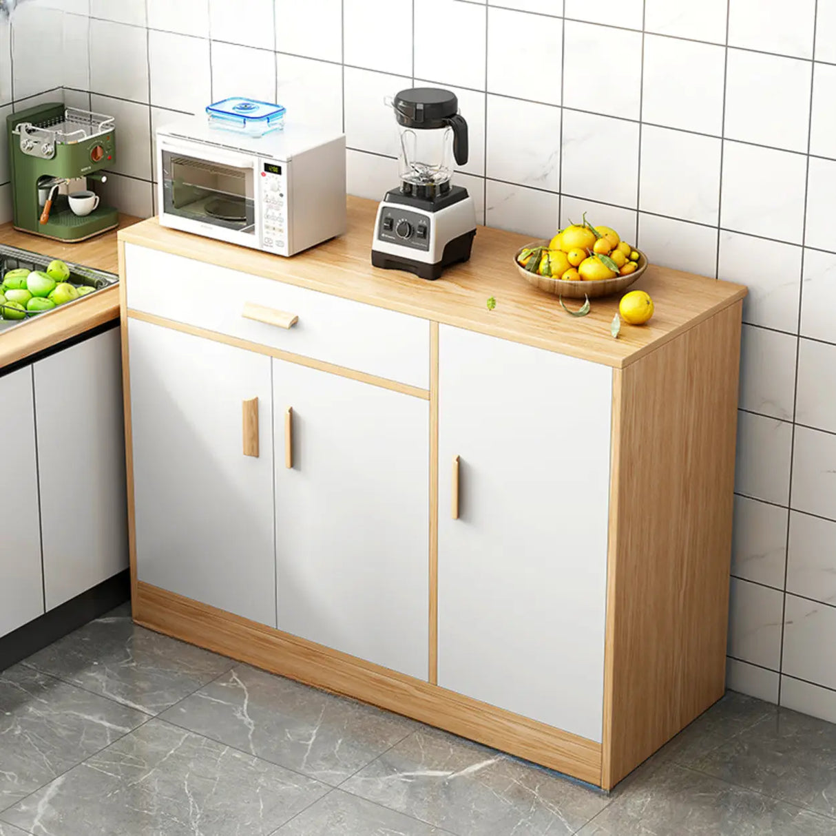 Rectangular Wood White Medium Storage Kitchen Sideboard Image - 4