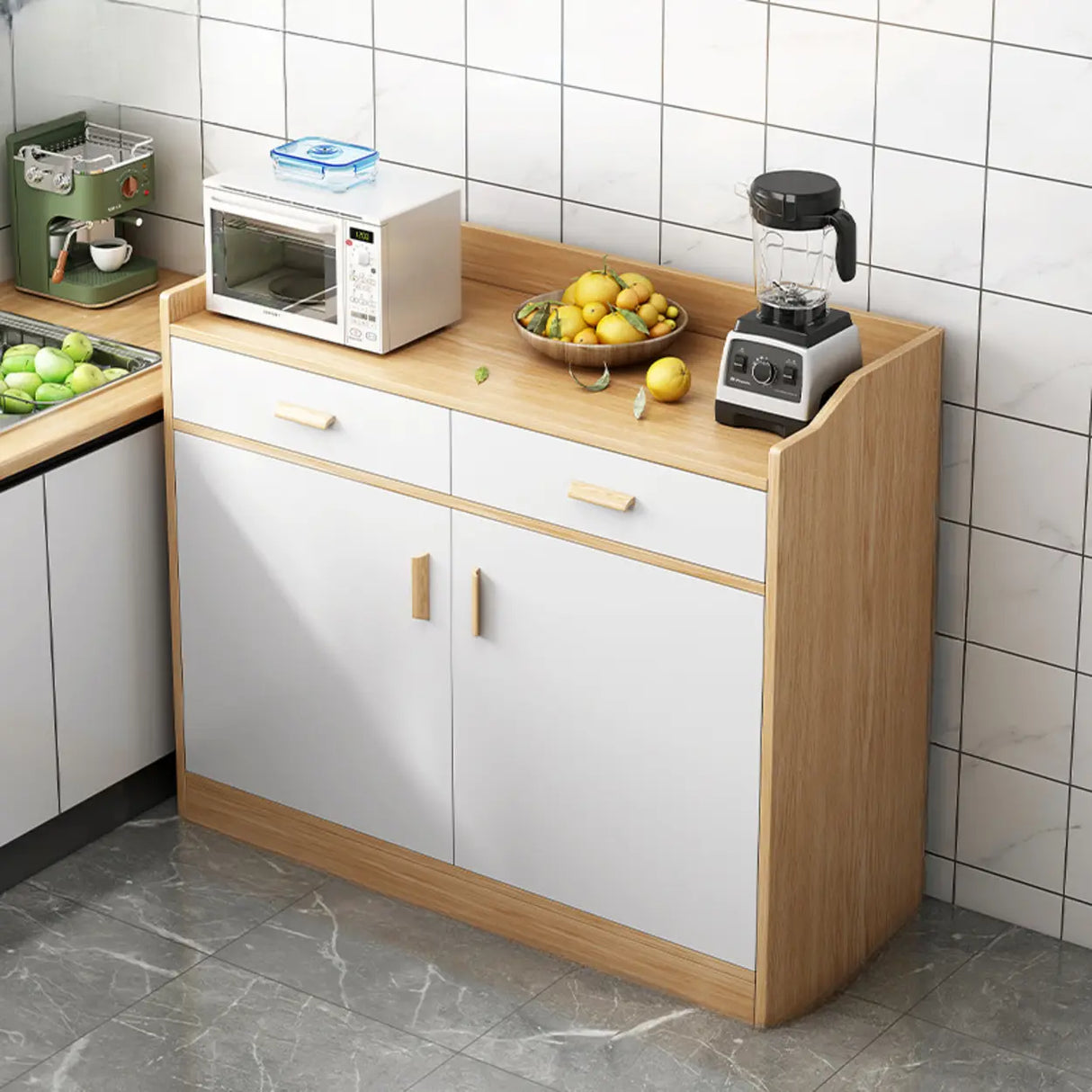 Rectangular Wood White Medium Storage Kitchen Sideboard Image - 6