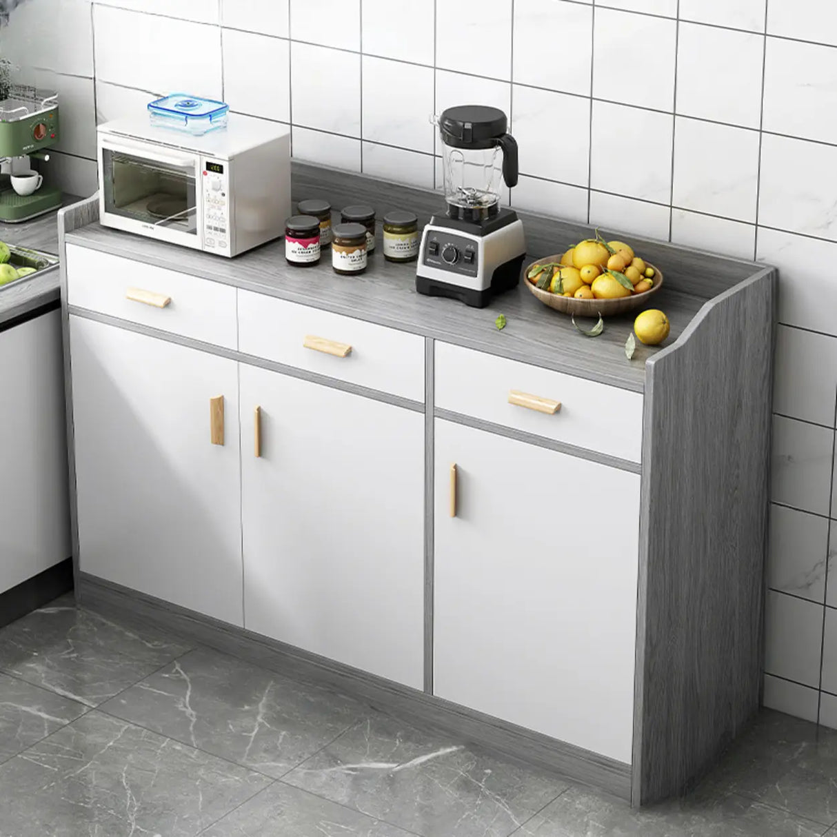 Rectangular Wood White Medium Storage Kitchen Sideboard Image - 7