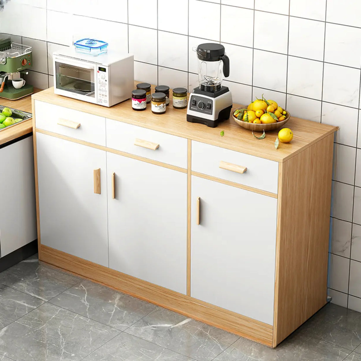 Rectangular Wood White Medium Storage Kitchen Sideboard Image - 8