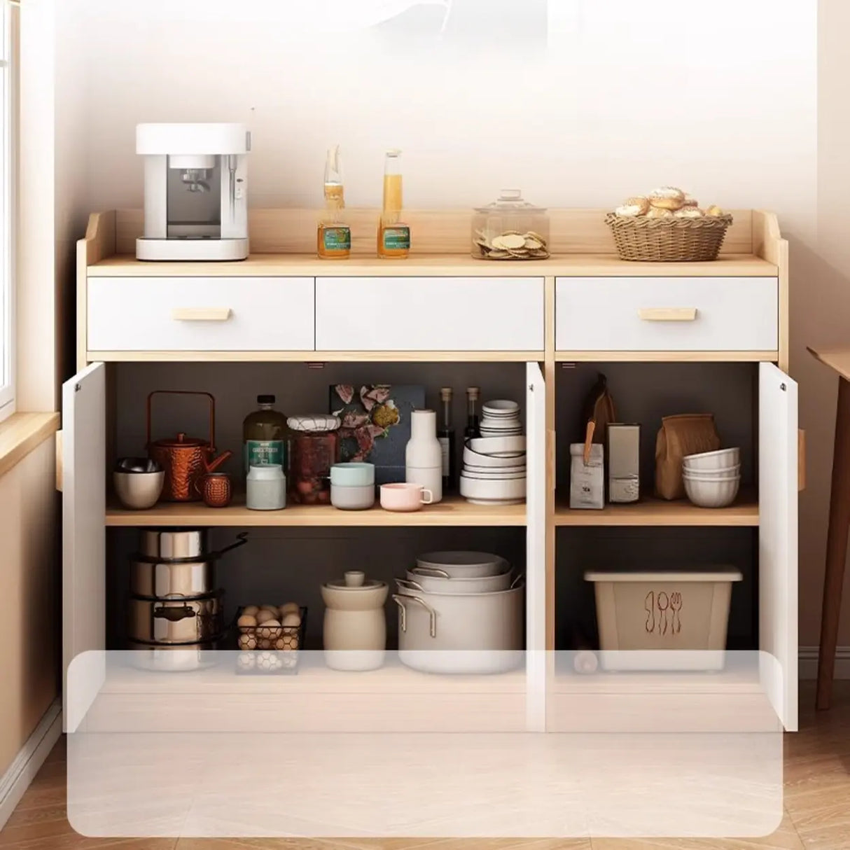 Rectangular Wood White Medium Storage Kitchen Sideboard Image - 9