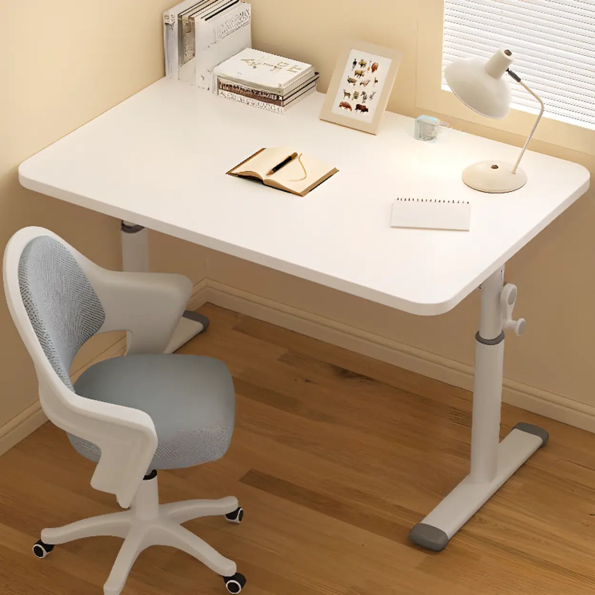 Rectangular Wood White Metal T-Shaped Kids Writing Desk Image - 4