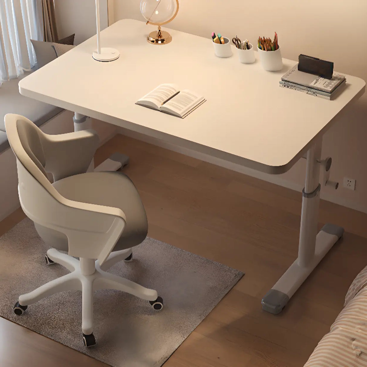 Rectangular Wood White Metal T-Shaped Kids Writing Desk Image - 6