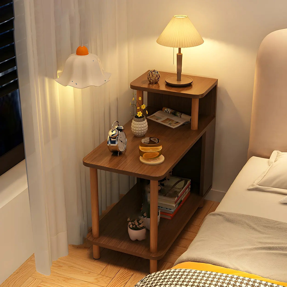 Rectangular Wood White Open Storage Nightstand with Shelf Image - 10