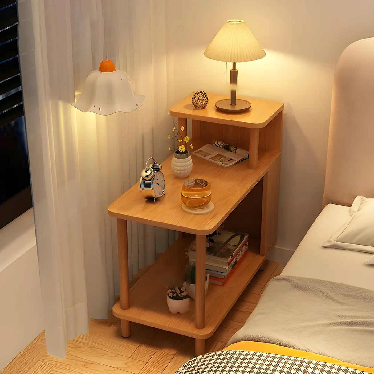 Rectangular Wood White Open Storage Nightstand with Shelf Image - 11