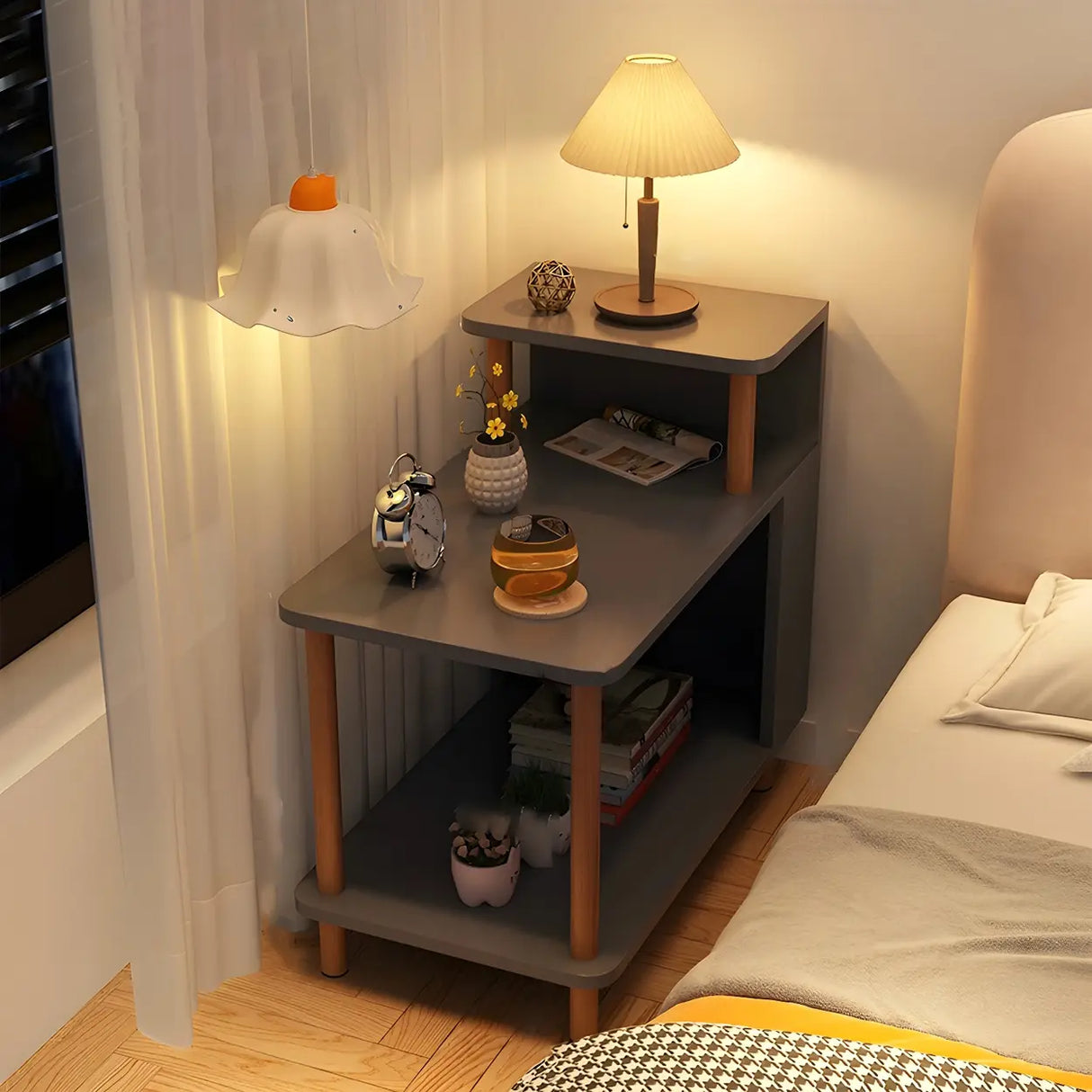 Rectangular Wood White Open Storage Nightstand with Shelf Image - 13