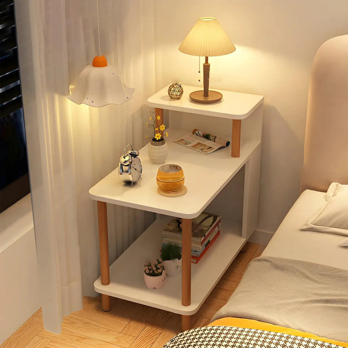 Rectangular Wood White Open Storage Nightstand with Shelf Image - 16