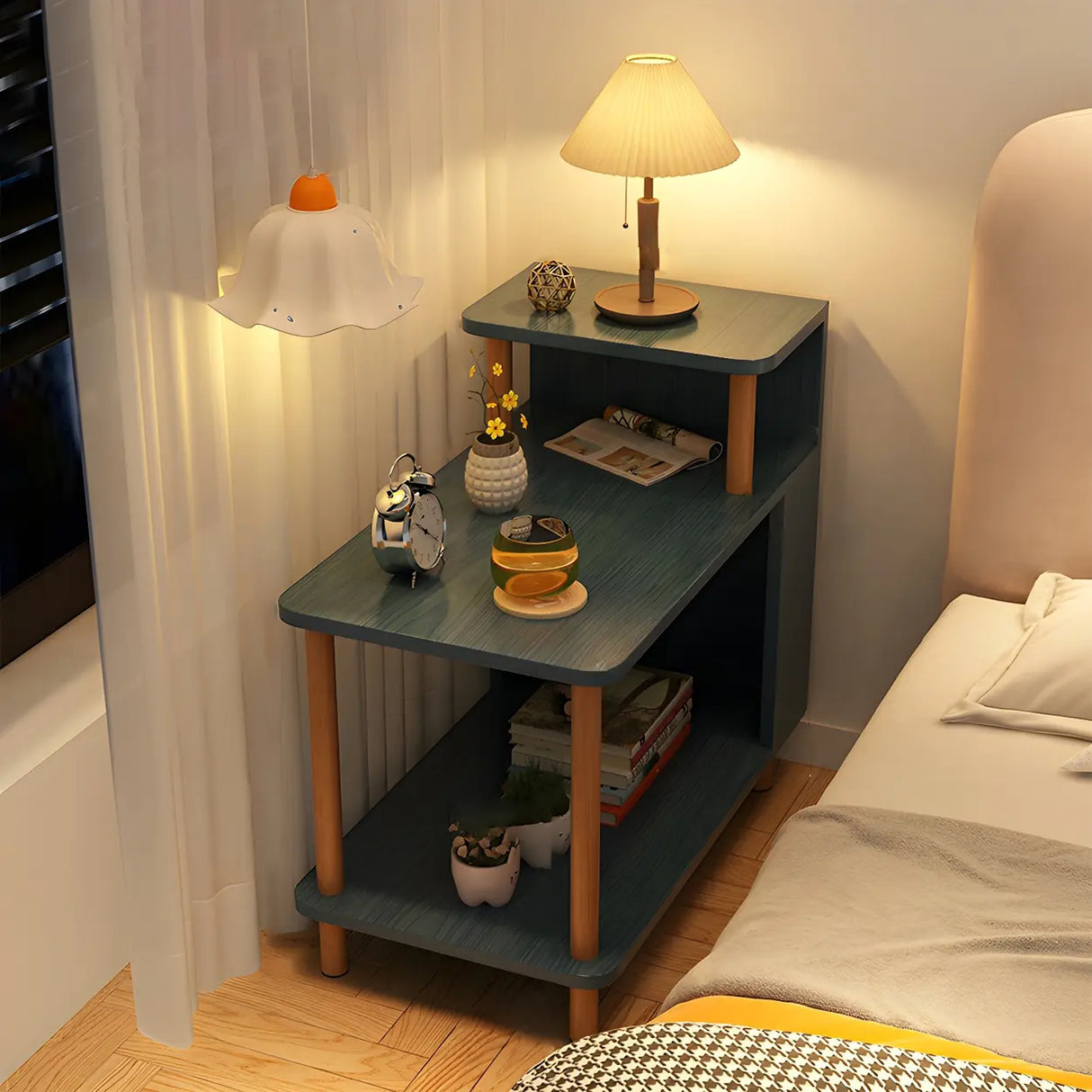 Rectangular Wood White Open Storage Nightstand with Shelf Image - 17