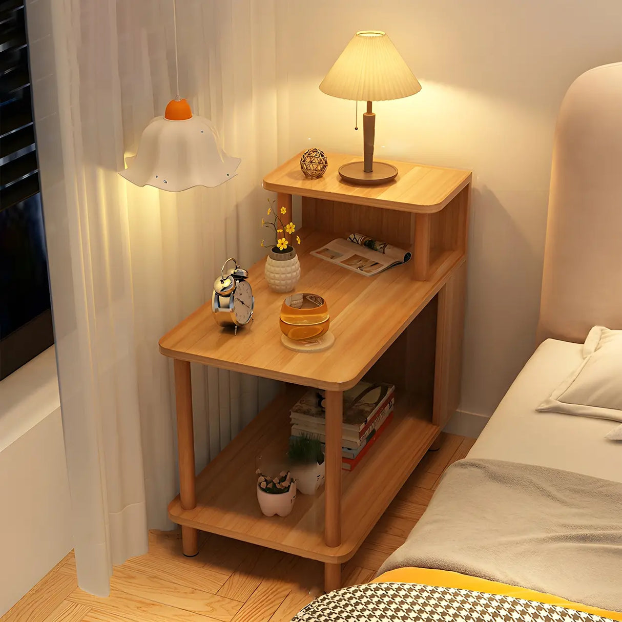 Rectangular Wood White Open Storage Nightstand with Shelf Image - 19