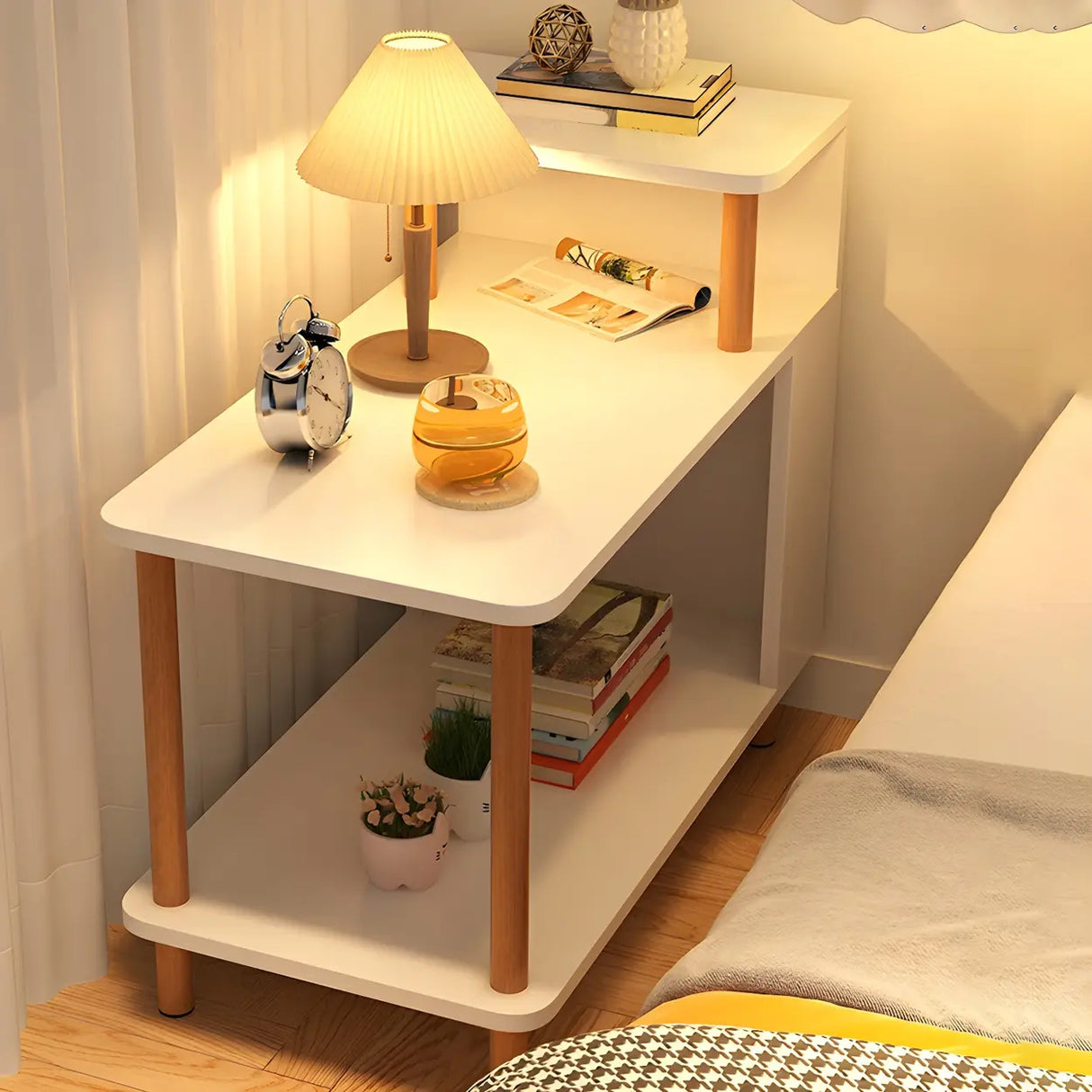 Rectangular Wood White Open Storage Nightstand with Shelf Image - 1