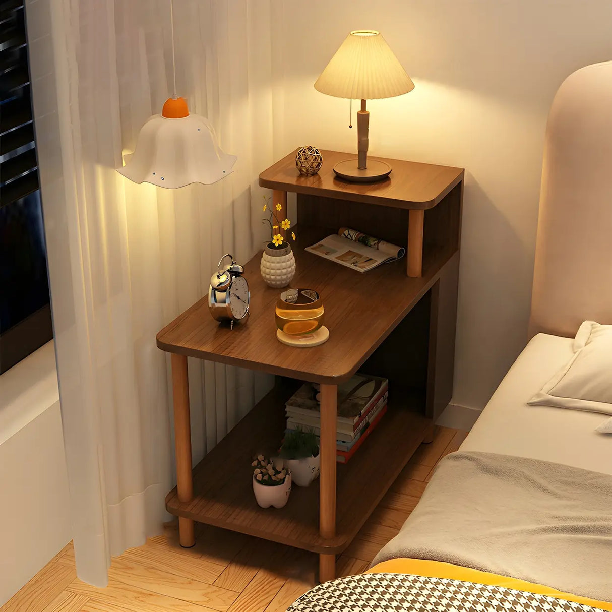 Rectangular Wood White Open Storage Nightstand with Shelf Image - 20