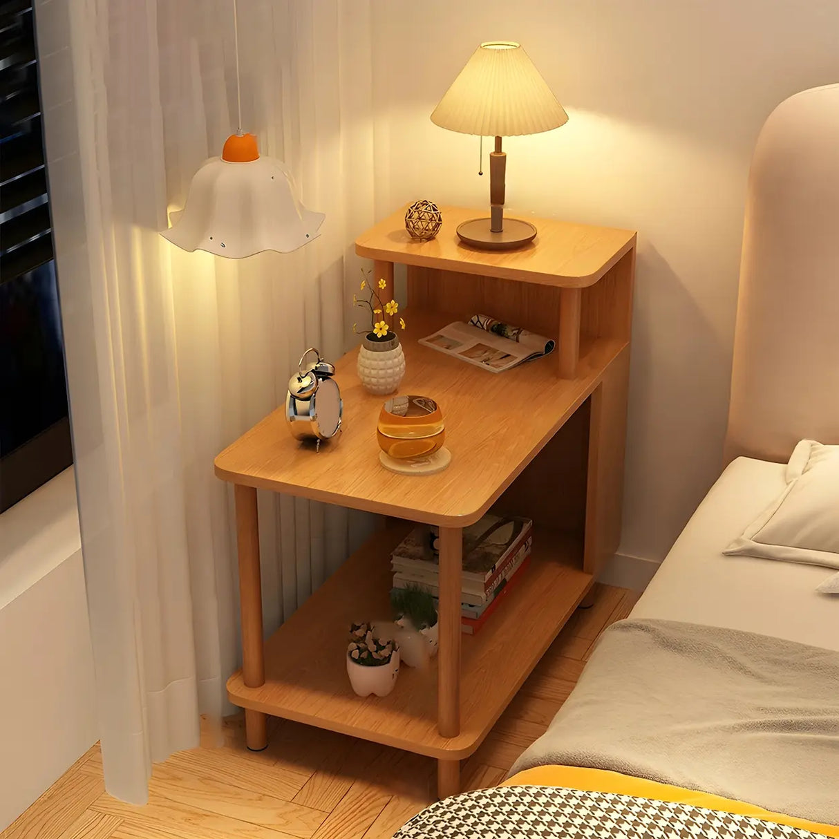 Rectangular Wood White Open Storage Nightstand with Shelf Image - 21