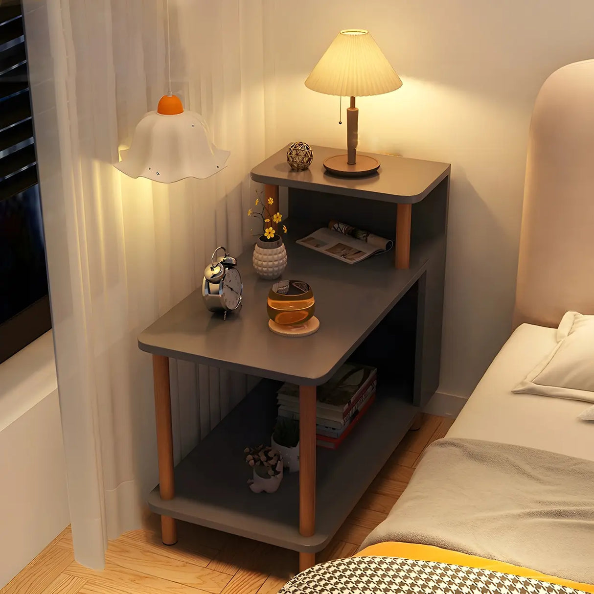 Rectangular Wood White Open Storage Nightstand with Shelf Image - 22