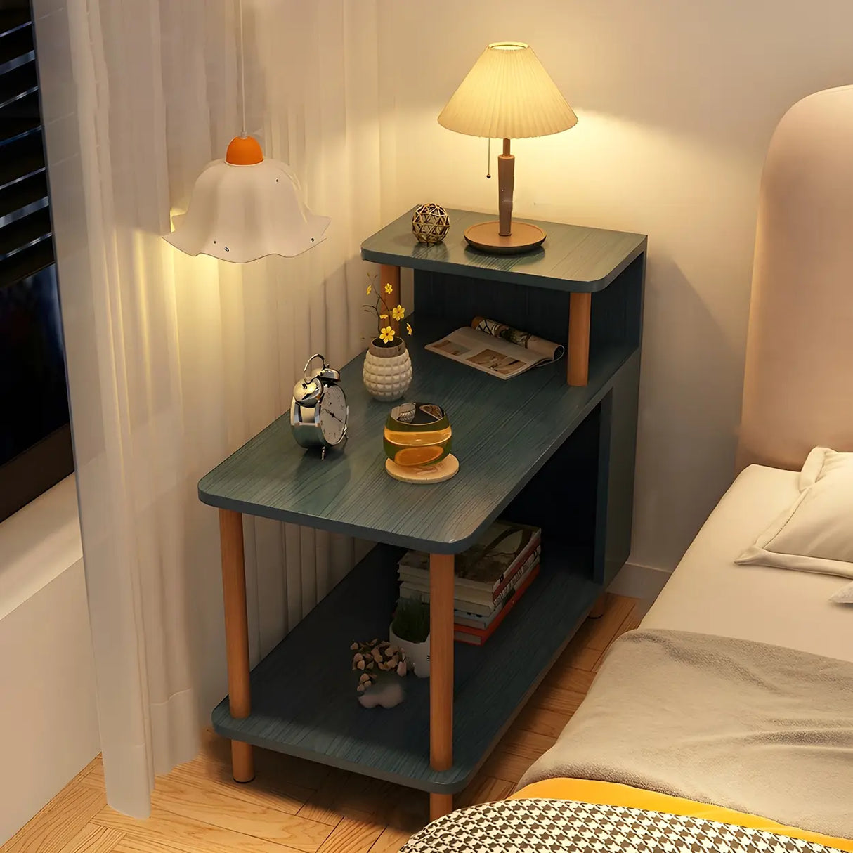 Rectangular Wood White Open Storage Nightstand with Shelf Image - 23