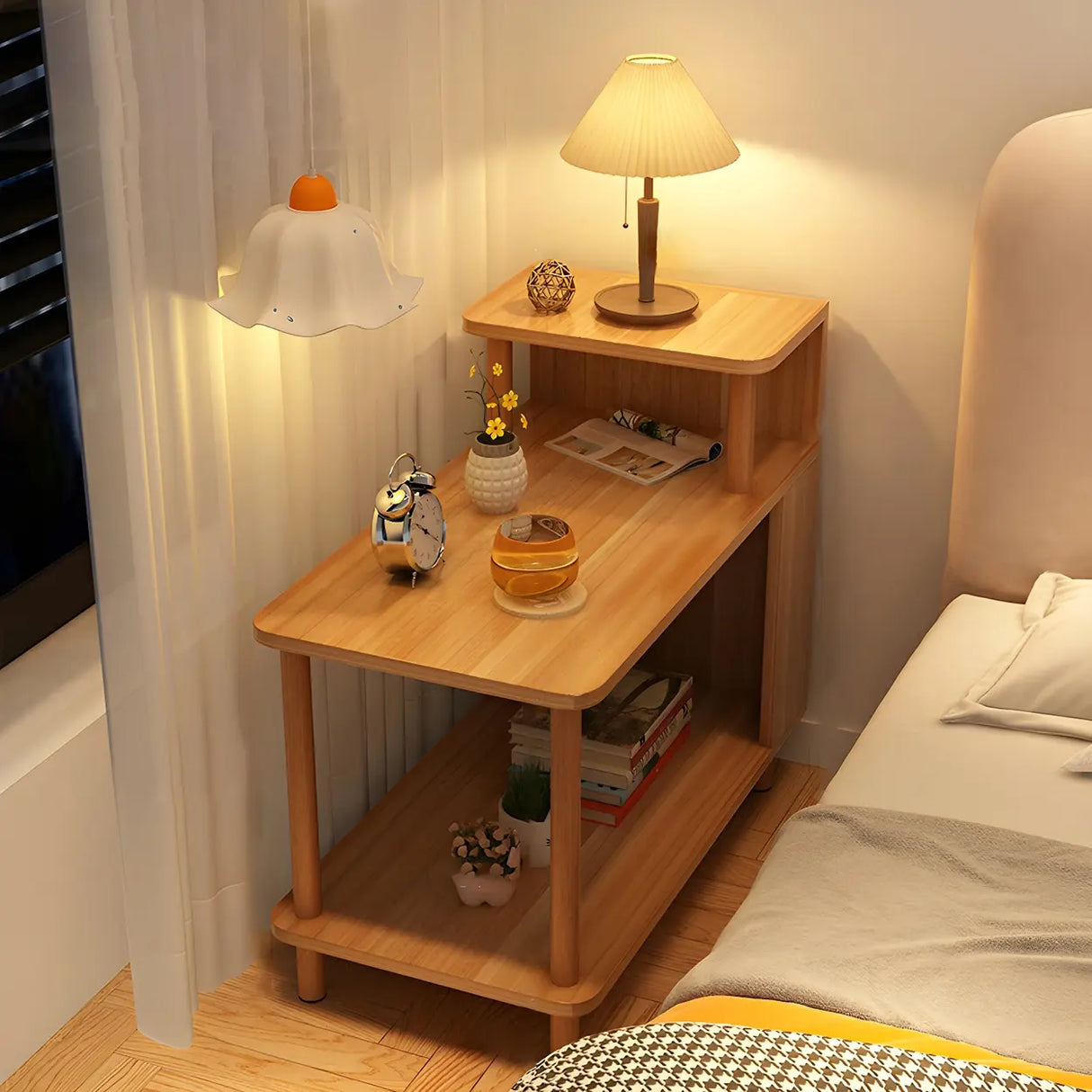 Rectangular Wood White Open Storage Nightstand with Shelf Image - 24