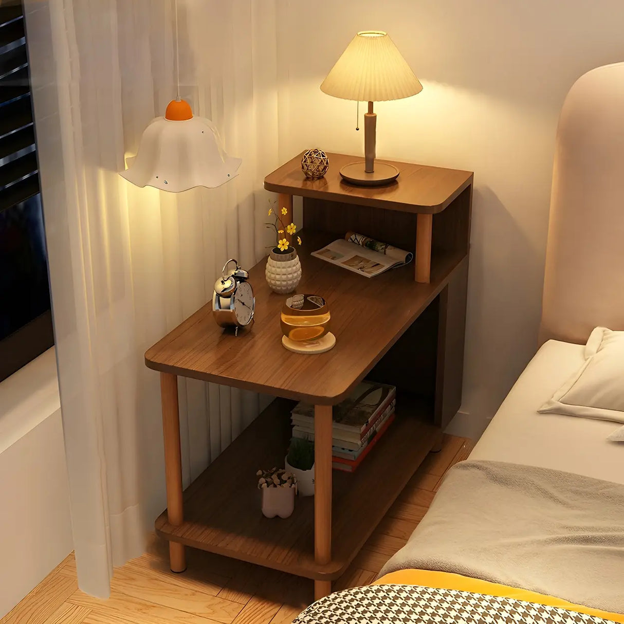 Rectangular Wood White Open Storage Nightstand with Shelf Image - 25