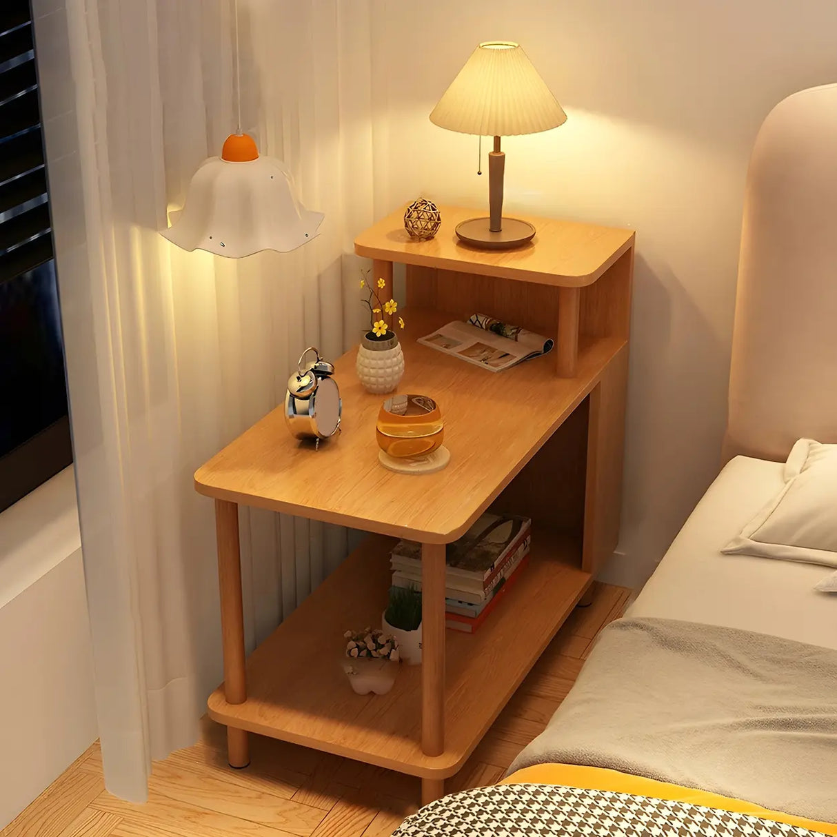 Rectangular Wood White Open Storage Nightstand with Shelf Image - 26