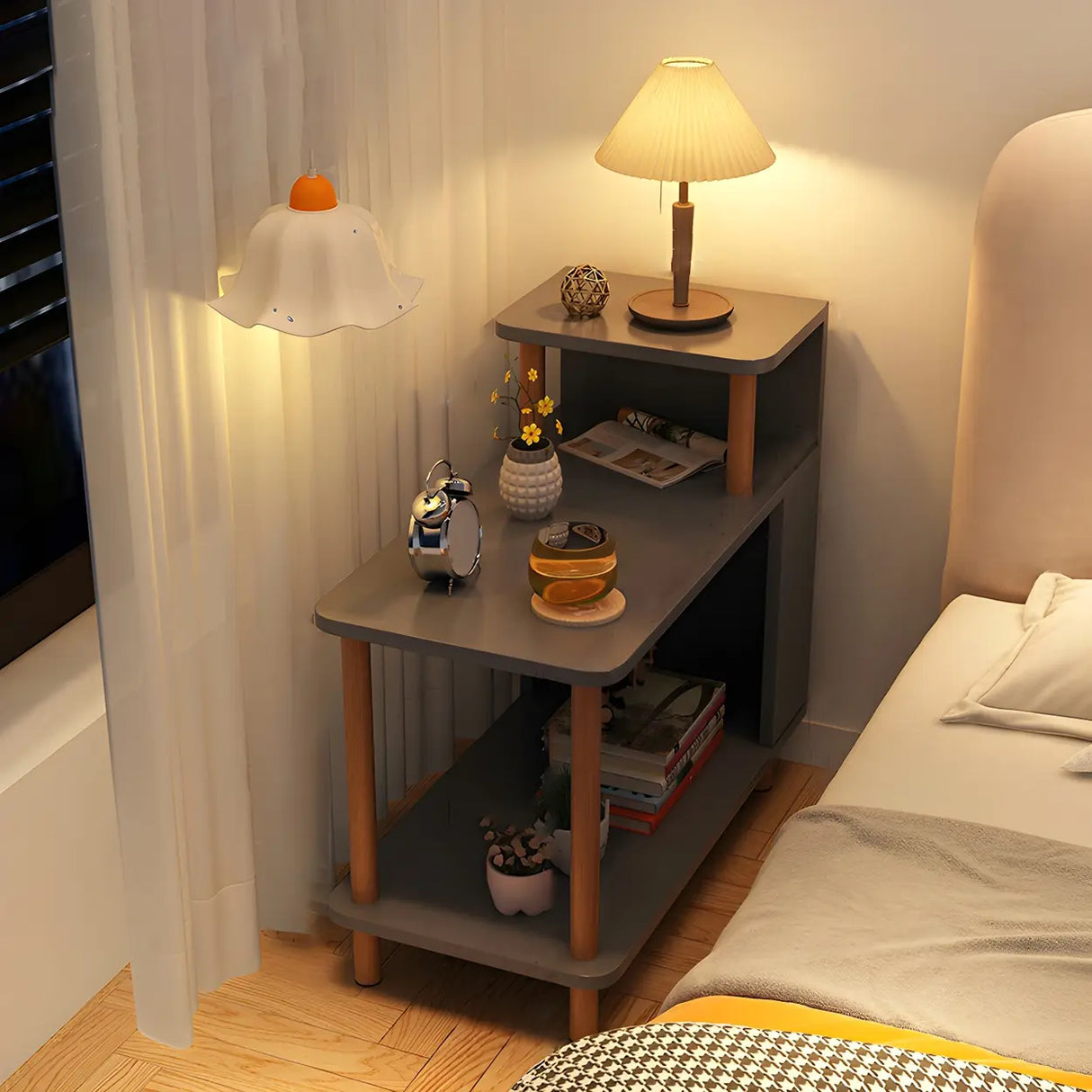 Rectangular Wood White Open Storage Nightstand with Shelf Image - 2