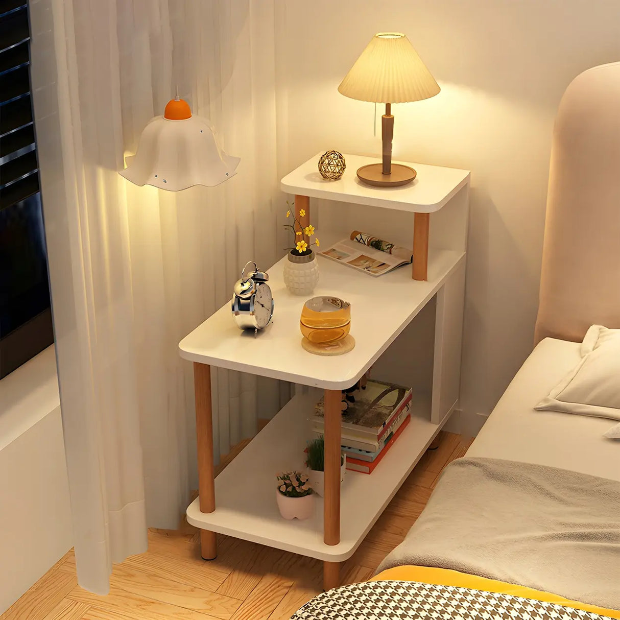 Rectangular Wood White Open Storage Nightstand with Shelf Image - 4