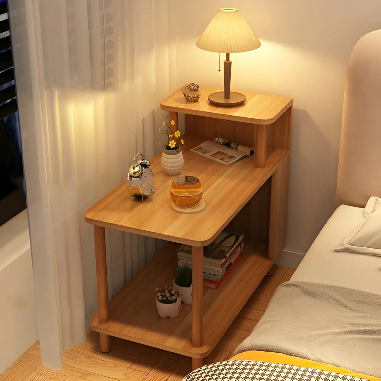 Rectangular Wood White Open Storage Nightstand with Shelf Image - 6