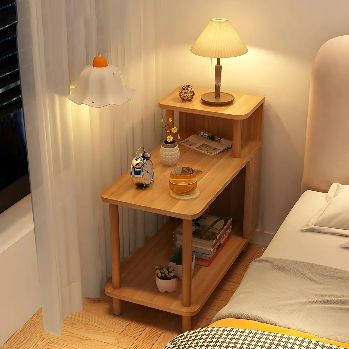 Rectangular Wood White Open Storage Nightstand with Shelf Image - 7