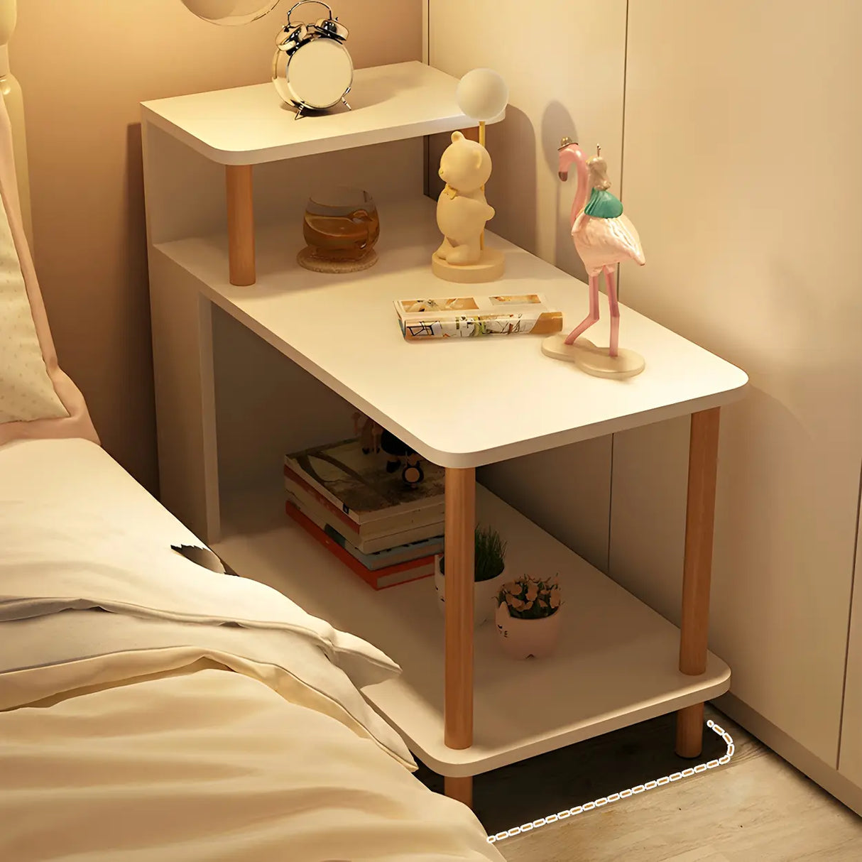 Rectangular Wood White Open Storage Nightstand with Shelf Image - 8