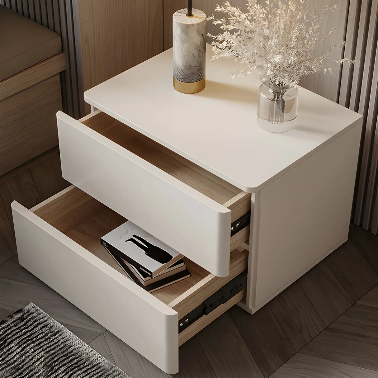Rectangular Wood White Storage 2-Drawers Nightstand Image - 3
