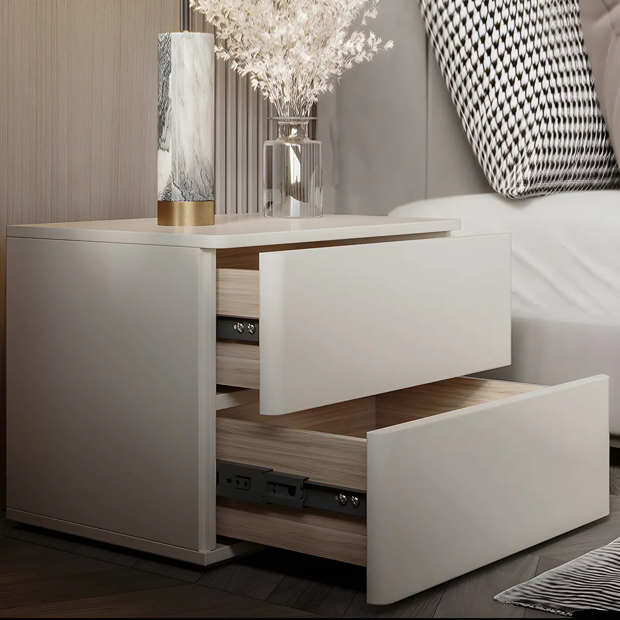 Rectangular Wood White Storage 2-Drawers Nightstand Image - 6