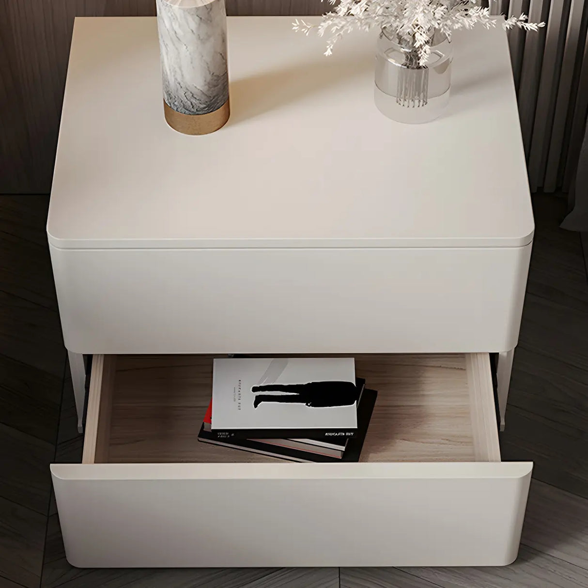 Rectangular Wood White Storage 2-Drawers Nightstand Image - 15