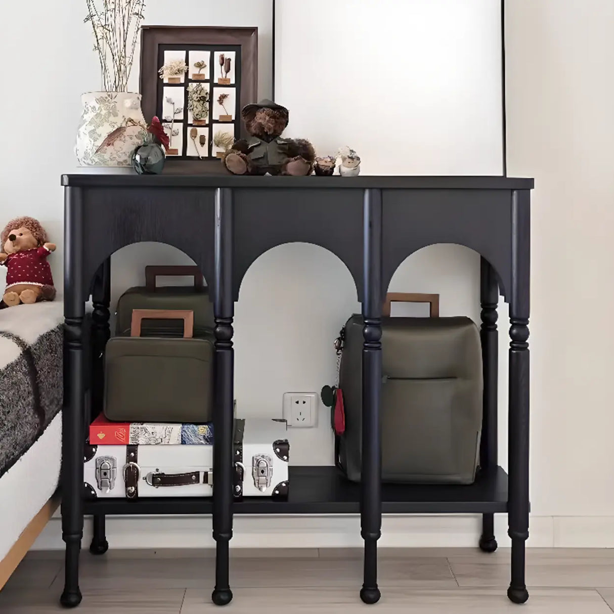 Rectangular Wooden Brown Console Table with Shelves Image - 4