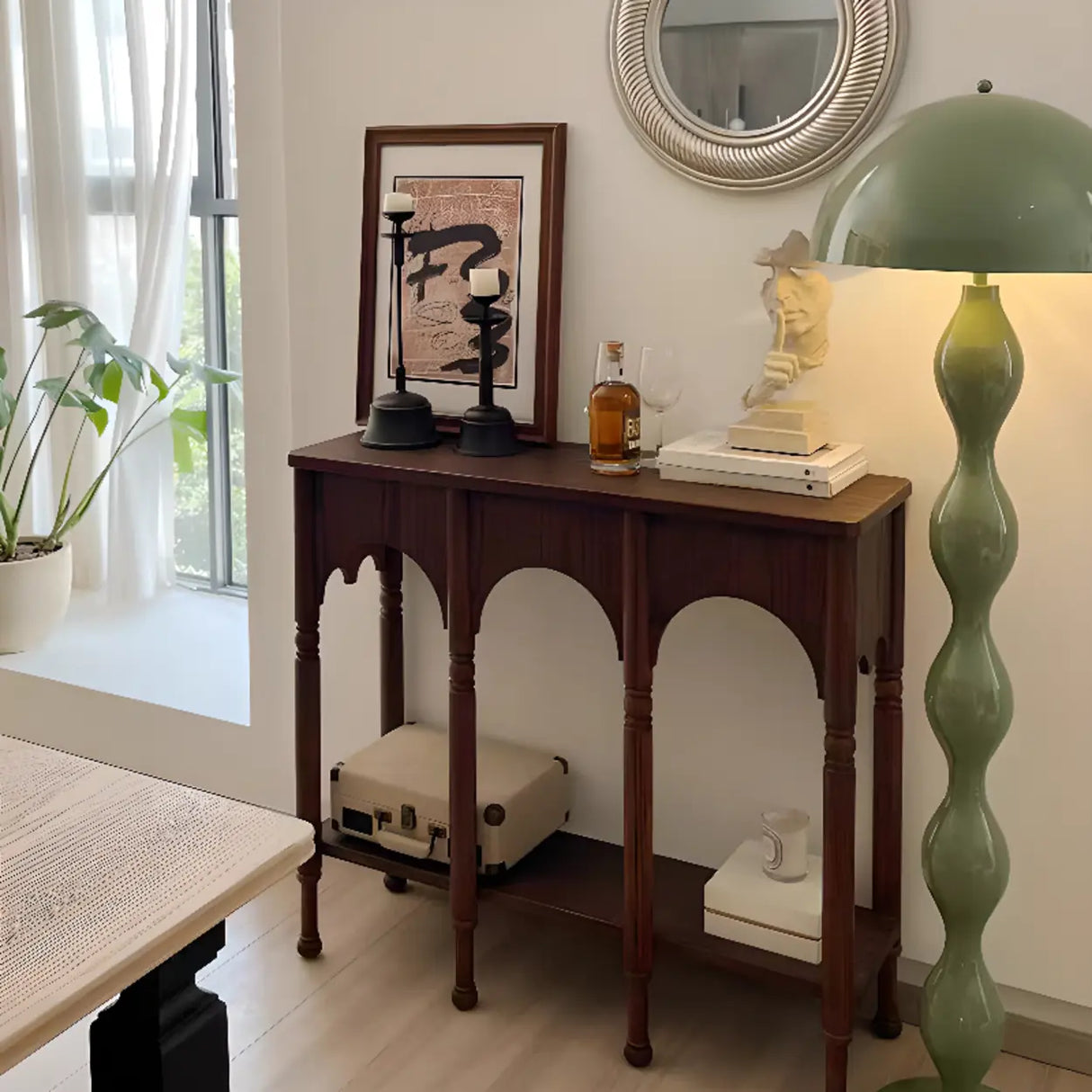 Rectangular Wooden Brown Console Table with Shelves Image - 6