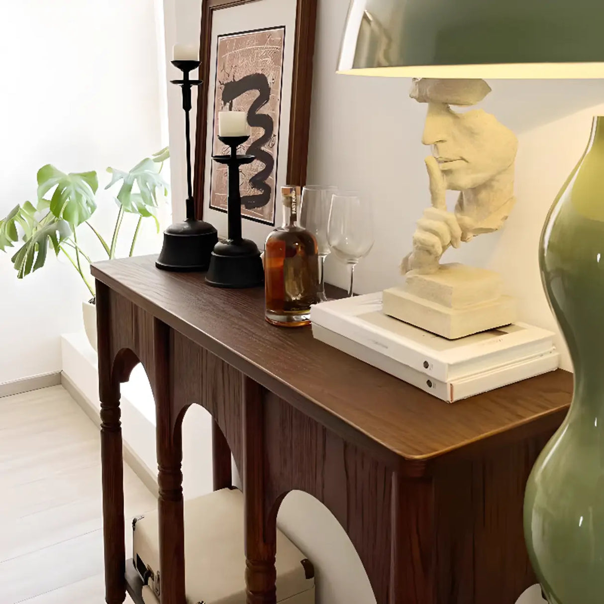 Rectangular Wooden Brown Console Table with Shelves Image - 8