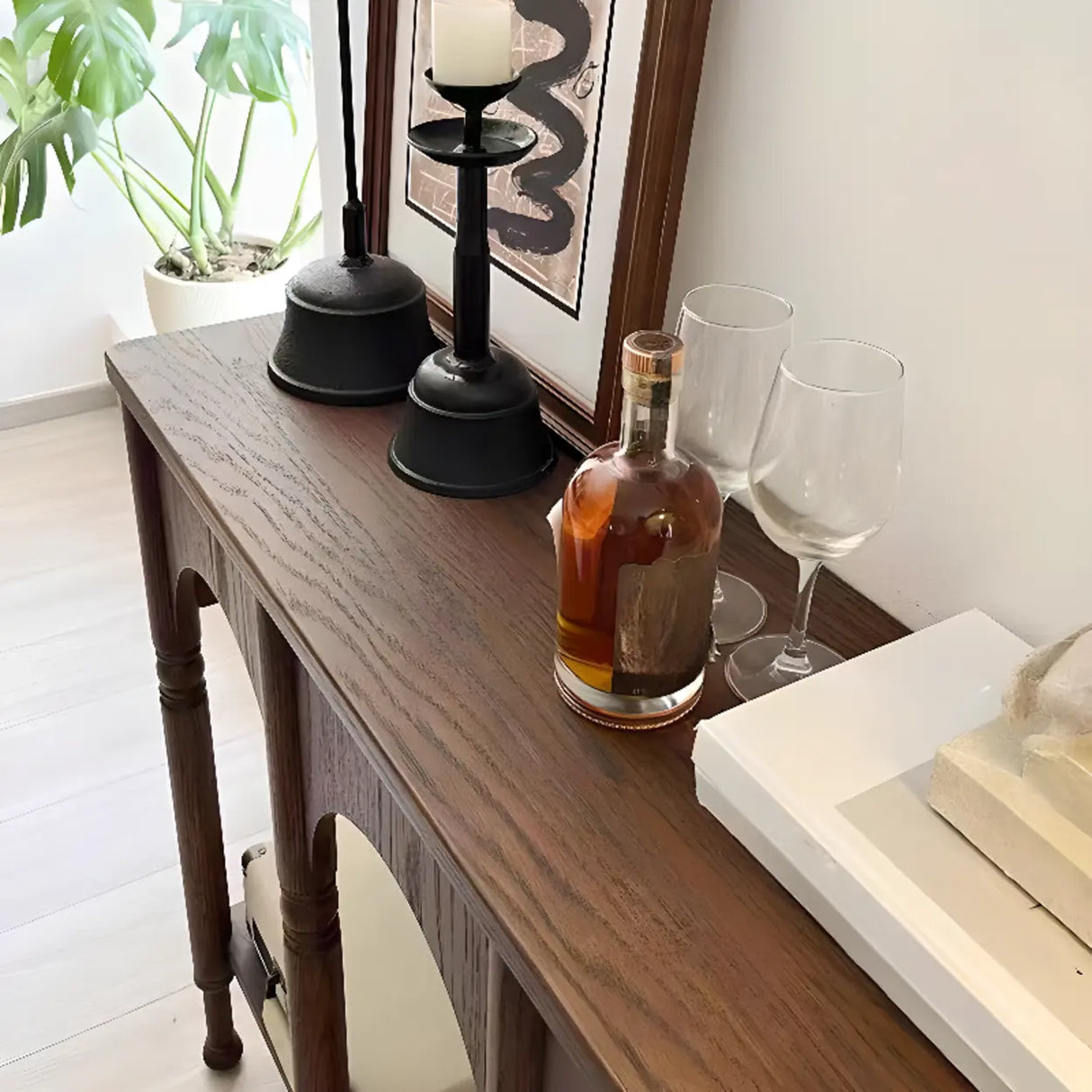 Rectangular Wooden Brown Console Table with Shelves Image - 9