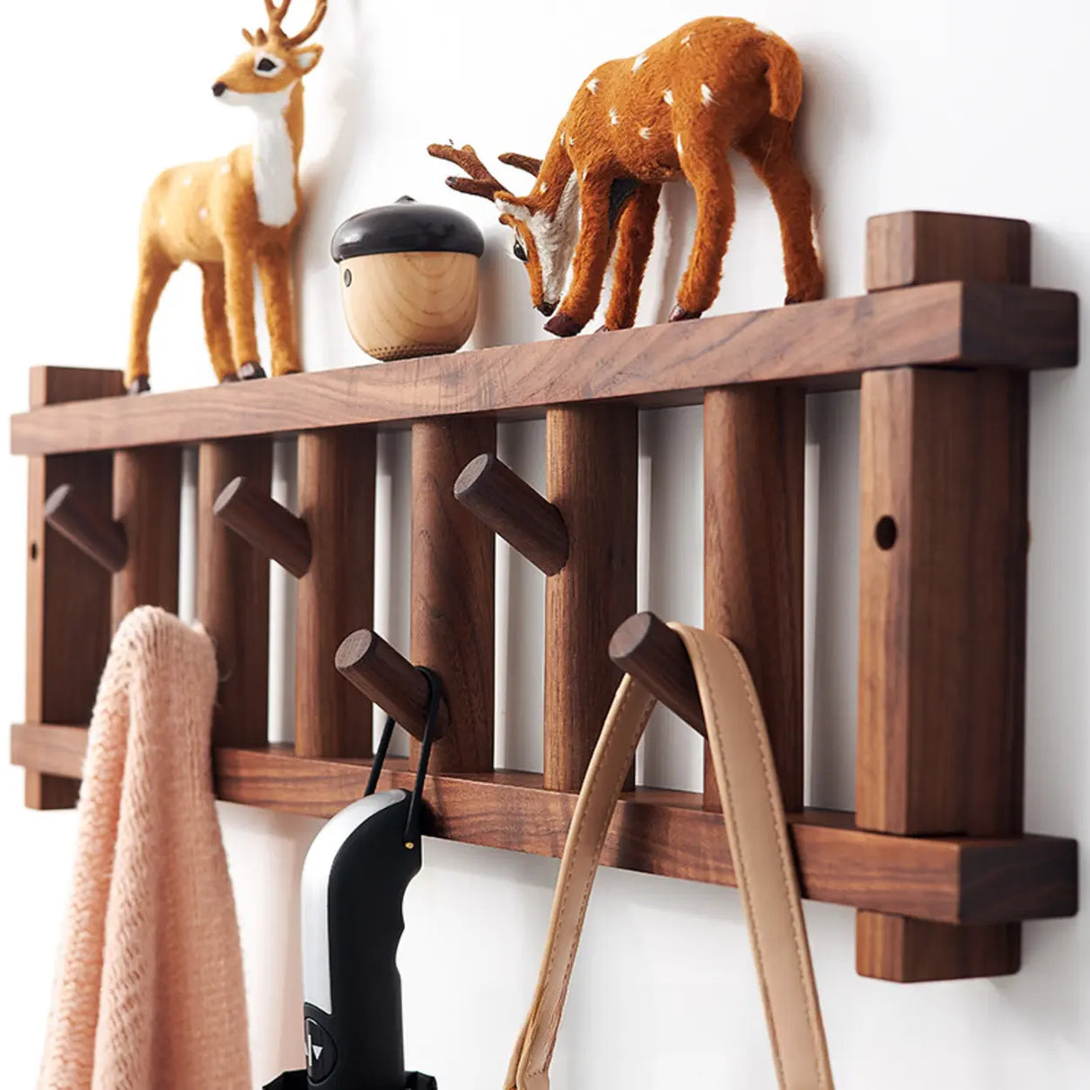 Rectangular Wooden Dark Brown Floating Mount Coat Rack Image - 1