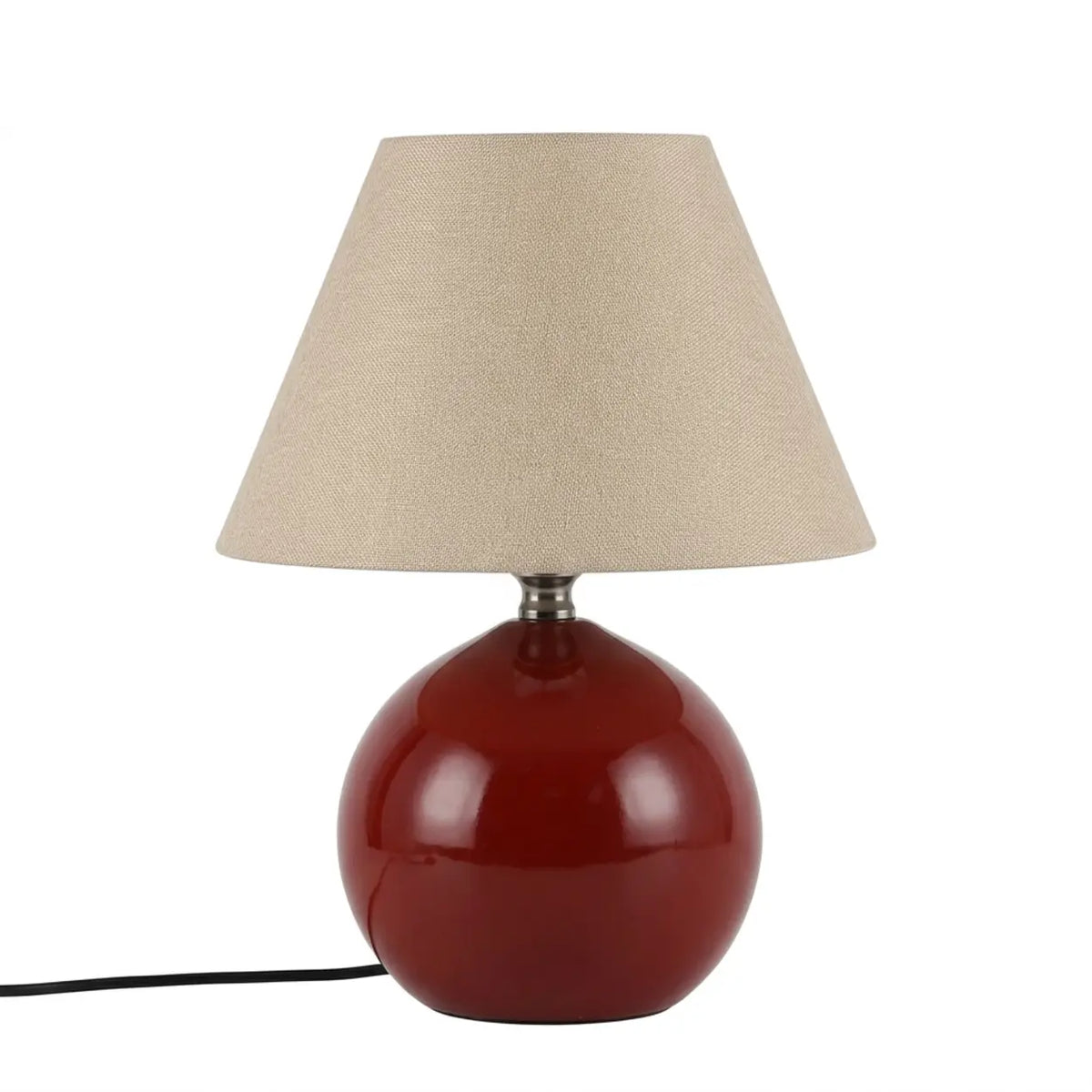Red Ceramic Table Lamp with Beige Fabric Drum Shade Image - 7