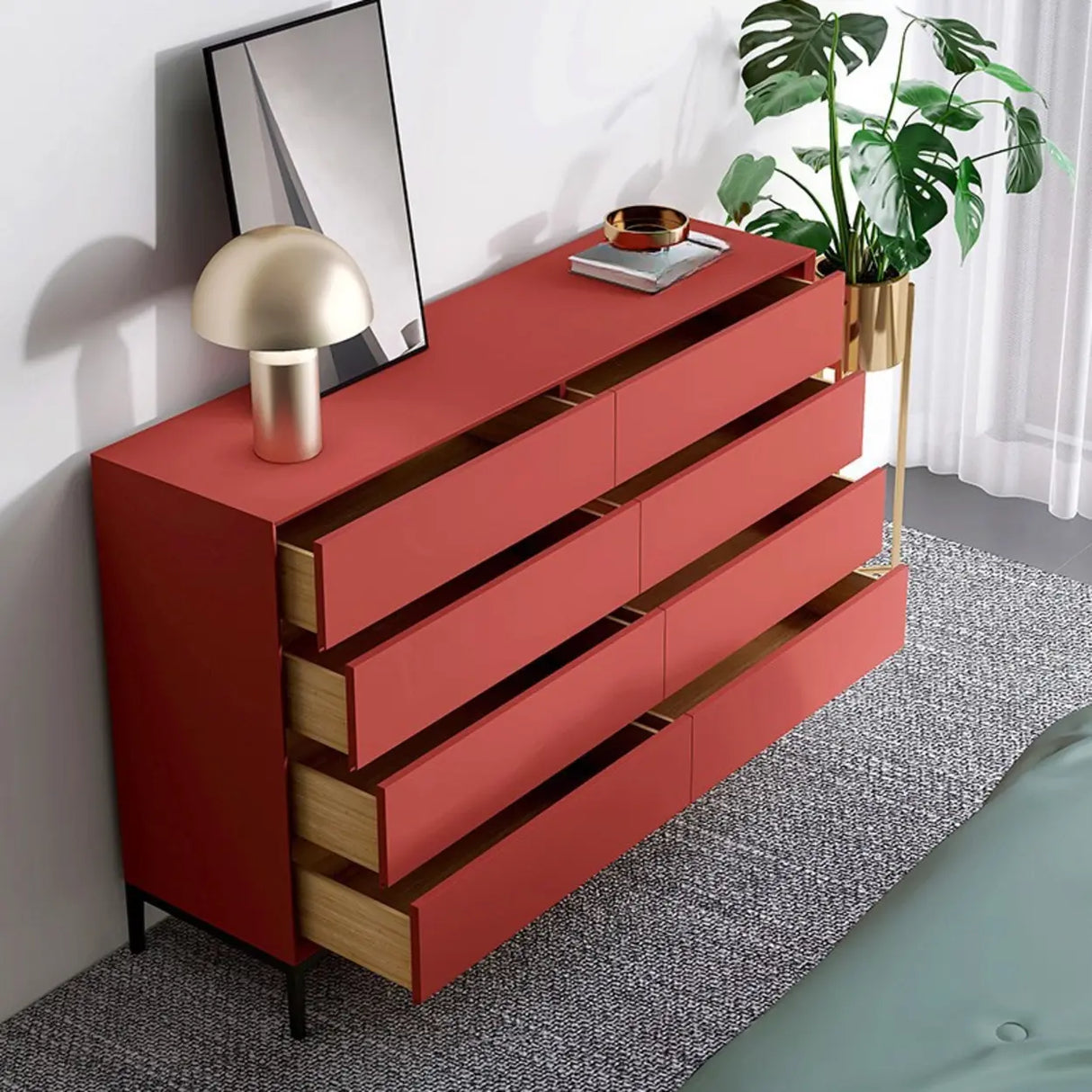 Red Finish Wooden Horizontal Dresser for Drawers Image - 5