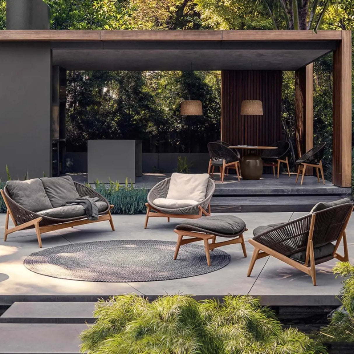 Relaxing Round Wood Frame Waterproof Gray Patio Set Image - 1