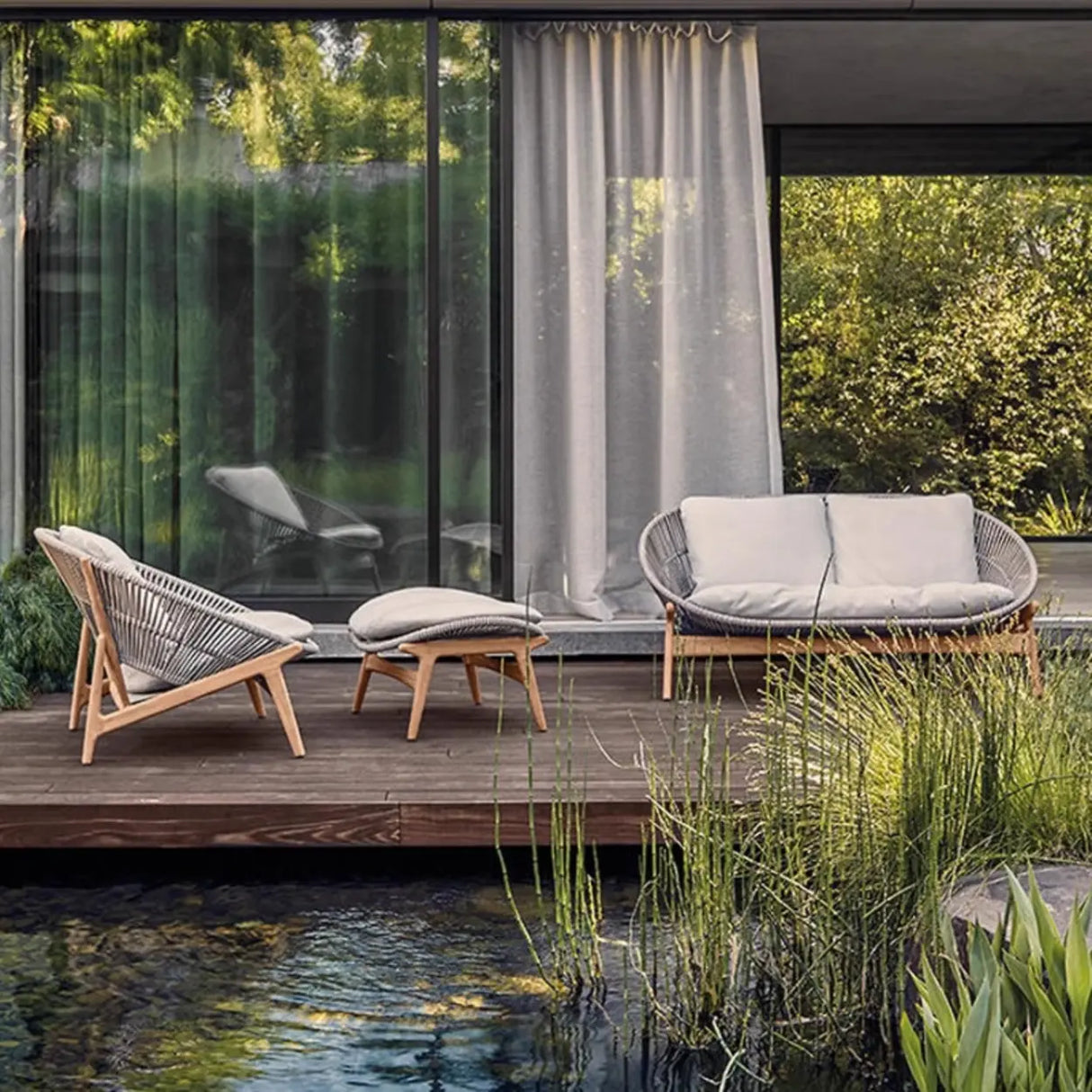 Relaxing Round Wood Frame Waterproof Gray Patio Set Image - 6