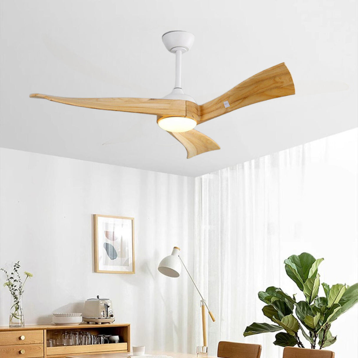 Remote Control 3 Blade Solid Wood LED Ceiling Fan Light Image - 5