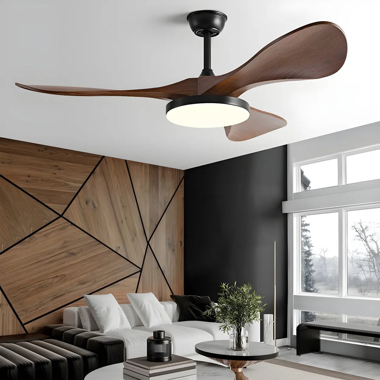 Remote Modern 3 Wood Blade Ceiling Fan with LED Light Image - 1
